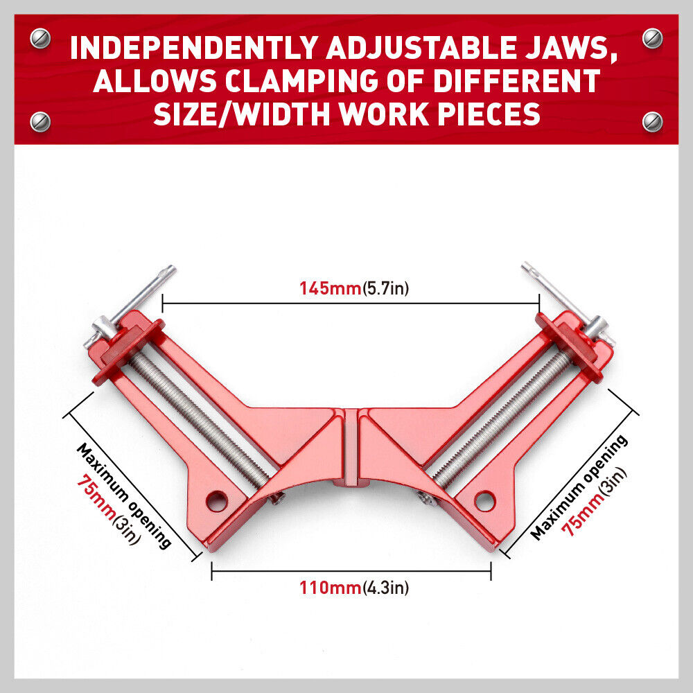 Set of 4 durable 90-degree corner clamps made of zinc alloy with steel screws, perfect for holding joints in woodworking and frame assembly