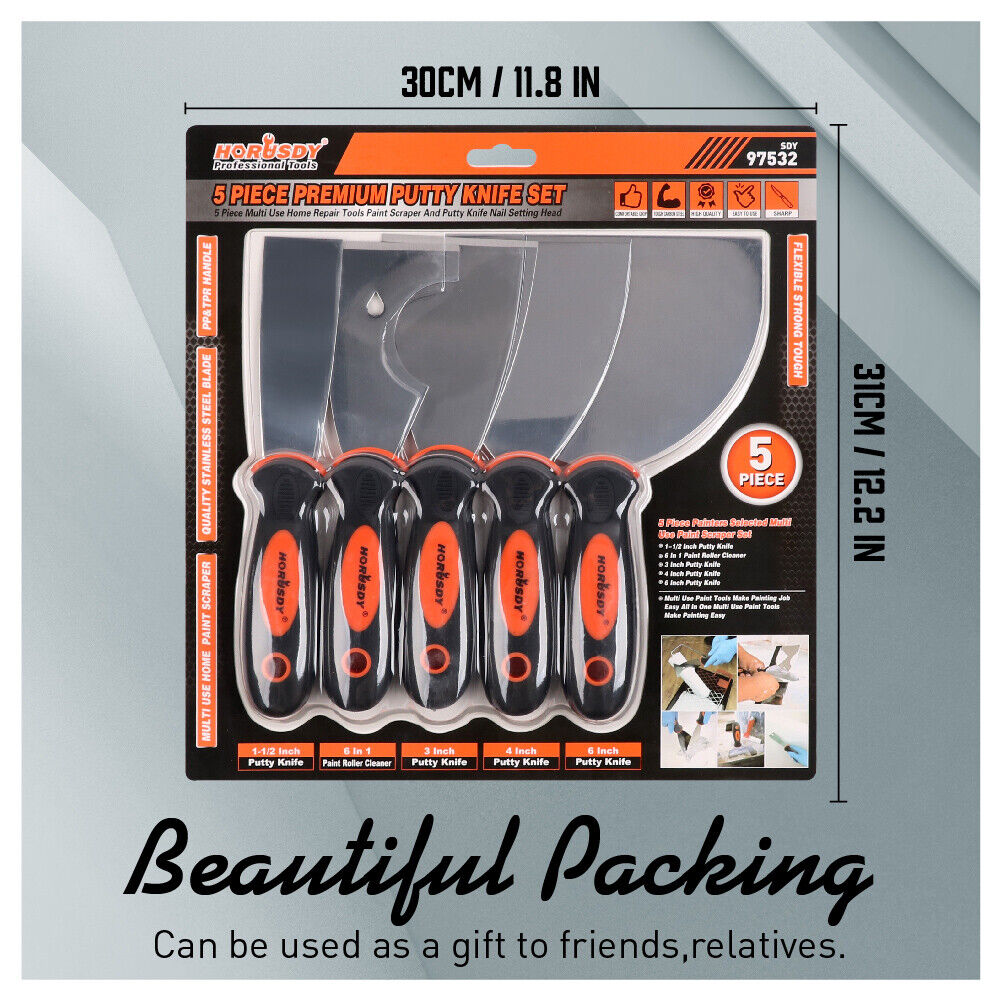 High-Quality 5-Piece Stainless Steel Putty Knife Set - Ergonomic Design for Wall Scraping, Paint Cleaning, and Joint Applications