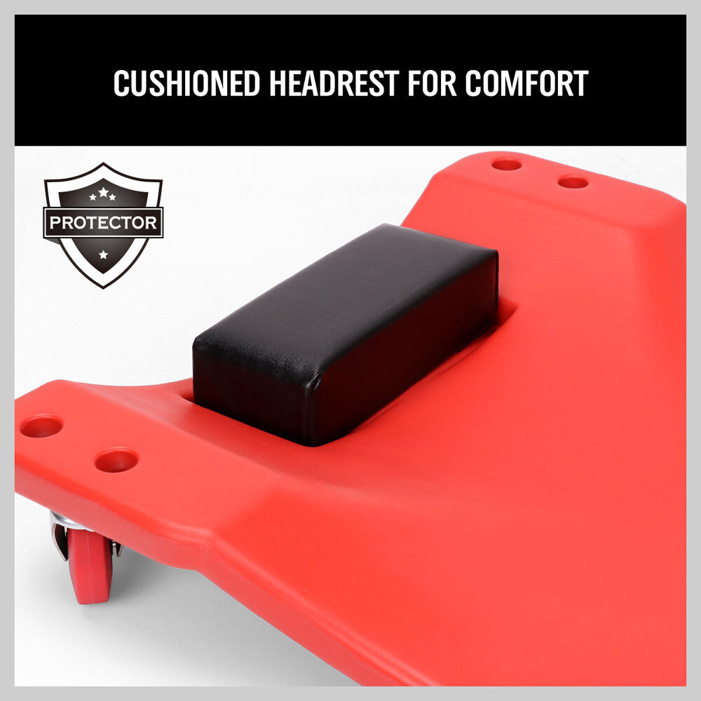Durable 40-Inch Garage Creeper Mechanic Trolley, featuring Six 3-inch Swivel Wheels, High-Impact Molded Plastic, Cushioned Headrest, and Tool Storage Trays, capable of supporting up to 120KG