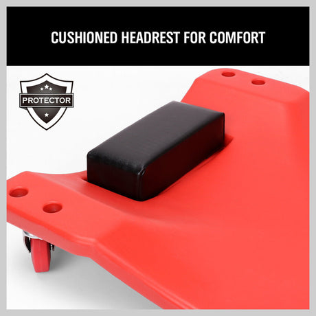 Durable 40-Inch Garage Creeper Mechanic Trolley, featuring Six 3-inch Swivel Wheels, High-Impact Molded Plastic, Cushioned Headrest, and Tool Storage Trays, capable of supporting up to 120KG
