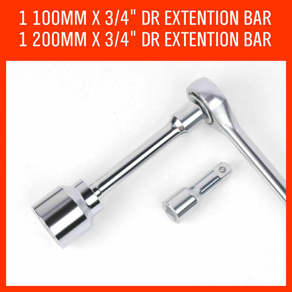  Comprehensive 27-piece heavy-duty socket and wrench set with 3/4" drive in both metric and imperial sizes, including ratchet, sliding T-bar, and extension bars in a durable steel case.