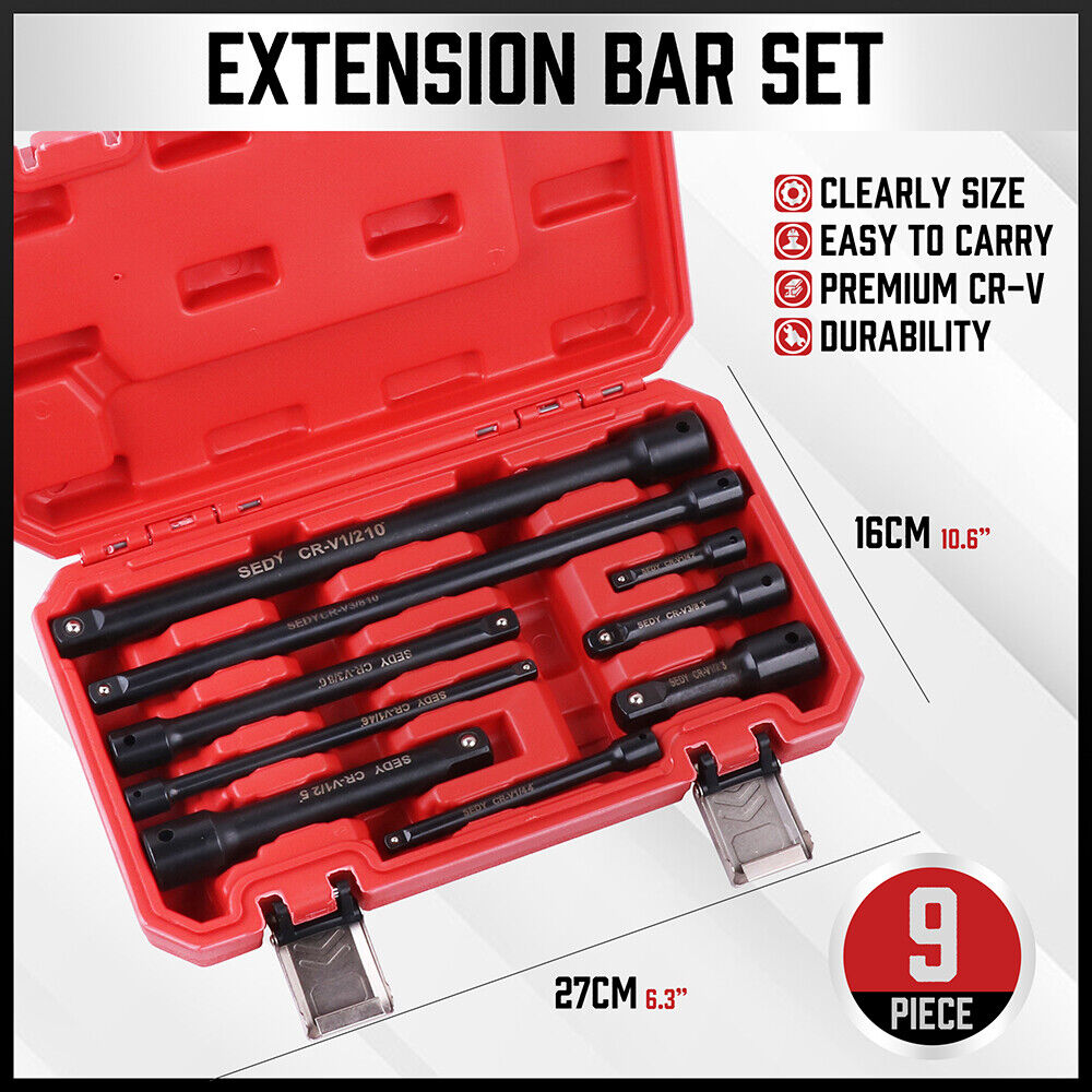 HORUSDY 9Pc Extension Bar Set with 1/4", 3/8", 1/2" Drives, featuring Premium Chrome Vanadium Steel, Corrosion Resistant SmartKrome Plating, and Secure Spring-Loaded Ball Detent