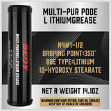 Durable 18-inch grease gun with a pistol grip, flexible hose, and an 8000 PSI pressure capacity, including a 14 oz grease cartridge and nozzles