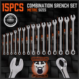 HORUSDY 15-Piece Metric Combination Spanner Set, CRV Silver, Chrome Vanadium Steel, Heat Treated, Nickel Chrome Plated, Sizes 8-22mm