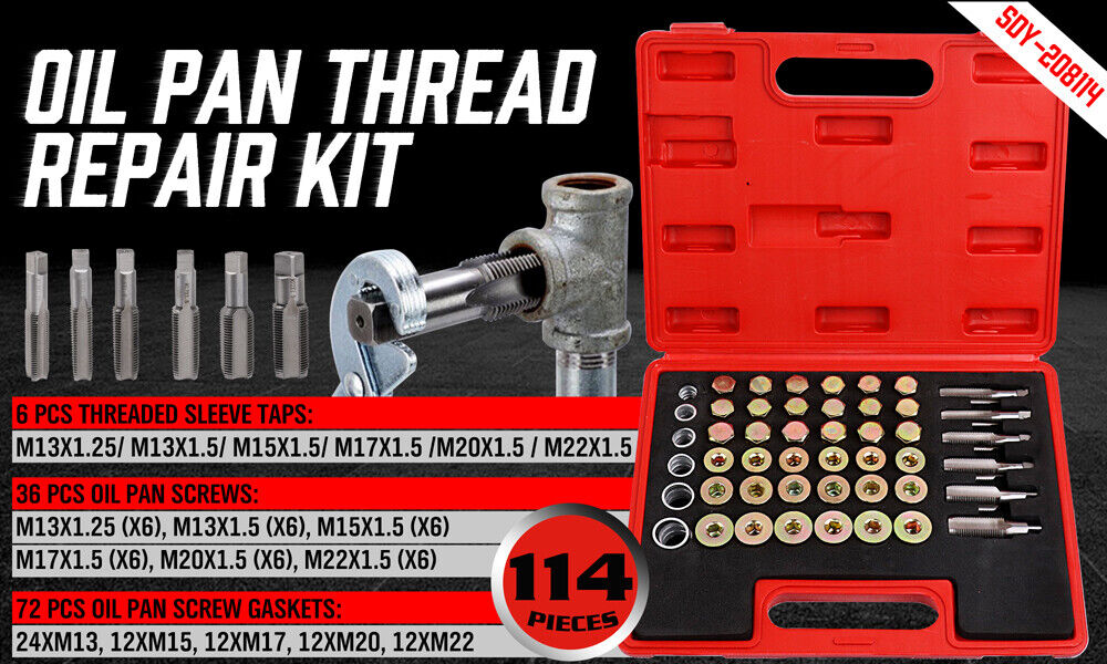 Versatile HORUSDY 114-Piece Oil Pan Thread Repair Kit, Ideal for Repairing Sump, Gearbox, and Differential Drain Plug Threads, Compatible with Multiple Vehicle Brands