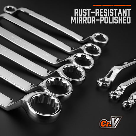A complete set of 9 metric HORUSDY spanners with 75-degree offset and double box ends, displayed with a mirror finish for durability and precision.
