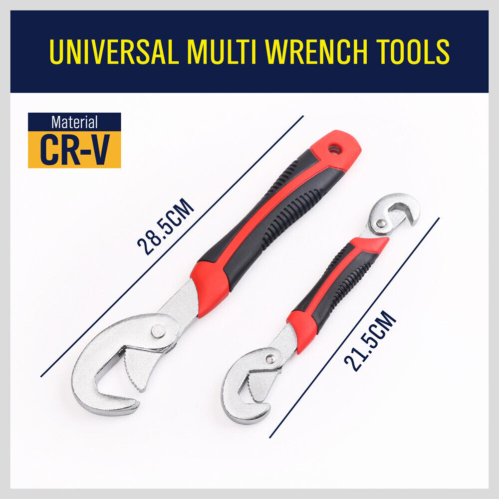 4-Piece Universal Quick Snap N Grip Wrench Set featuring two large and two small adjustable wrenches. These wrenches adapt to various bolts and nuts sizes, showcasing their self-adjusting technology for effective and easy use.