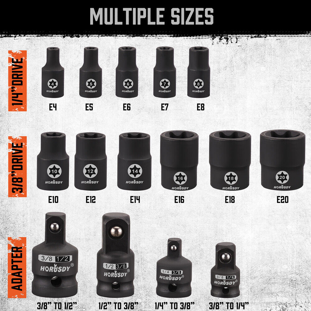 HORUSDY 15-Piece E-TORX Socket Set with 1/4", 3/8" Adapters, Chrome Vanadium Steel, Corrosion-Resistant