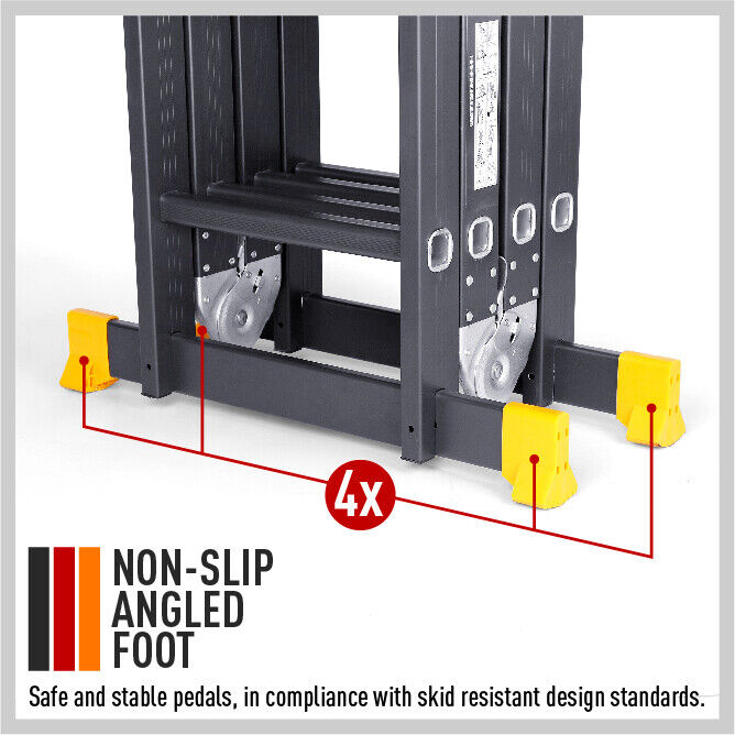 Premium aluminum multi-purpose folding ladder transforms from 3.7M to 6.7M stepladder, stairway ladder, extension ladder and scaffold platform.