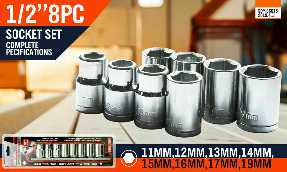 High-Strength 8-Piece Metric Socket Set for 1/2" Drive, Sizes 11MM-19MM - Chrome Vanadium Steel with Chrome Plated Finish