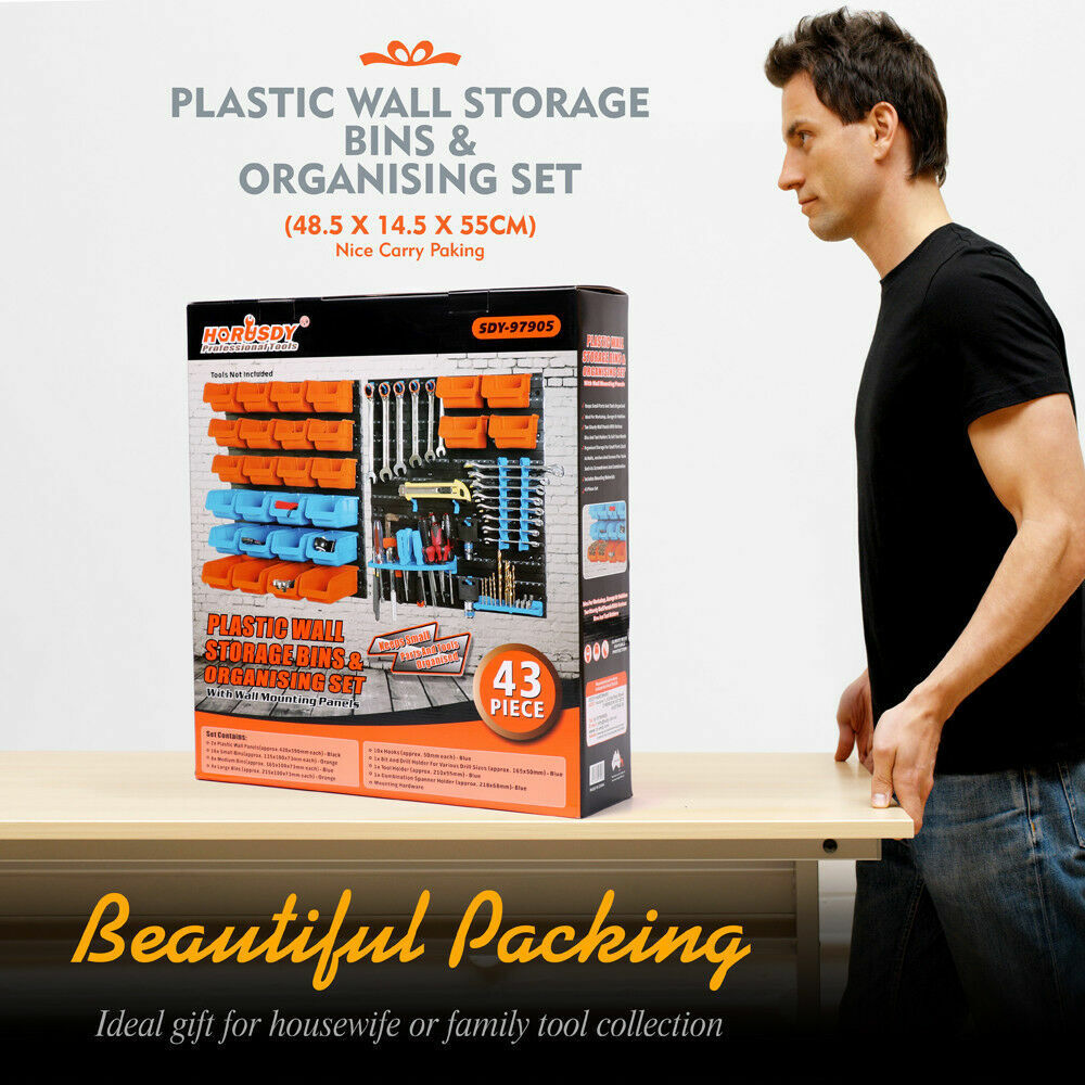 43 Piece Wall Mounted Parts and Tools Storage Rack featuring Bins in Various Sizes, Tool Holders, and Peg Boards