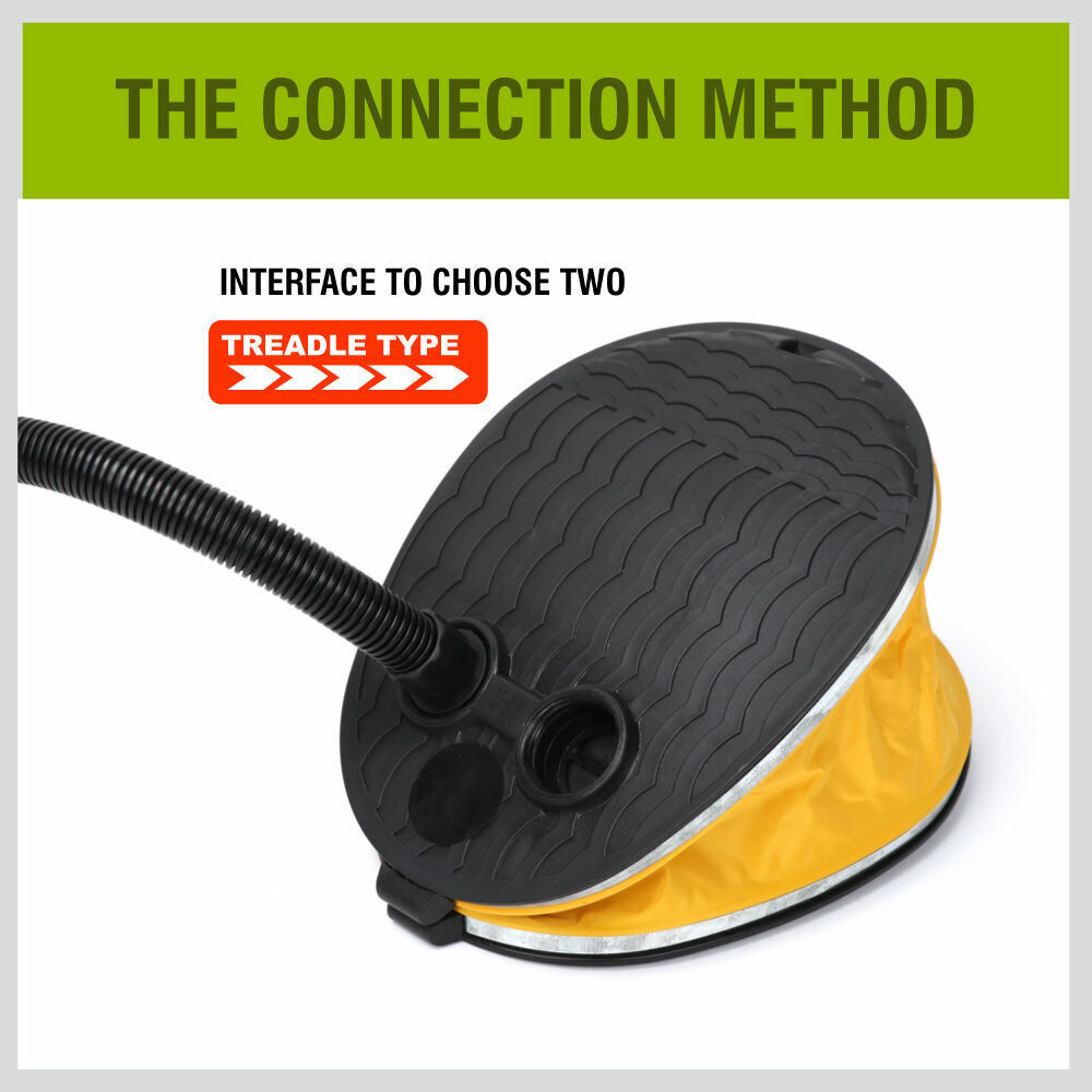 Compact and portable foot air pump with non-kink hose and three nozzles for various valves.