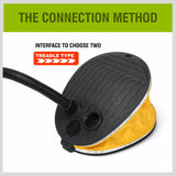 Compact and portable foot air pump with non-kink hose and three nozzles for various valves.