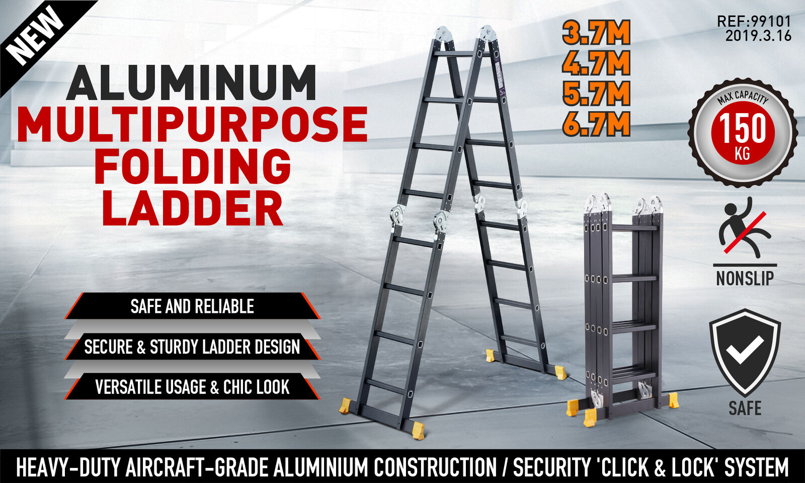 Premium aluminum multi-purpose folding ladder transforms from 3.7M to 6.7M stepladder, stairway ladder, extension ladder and scaffold platform.