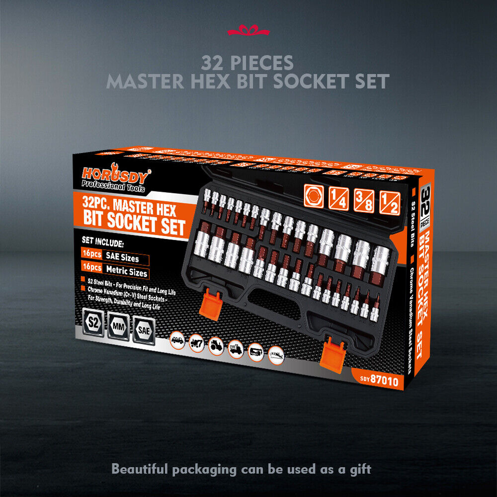 32Pc Hex Bit Socket Set - Versatile SAE/Metric Allen Key Set. Durable construction. Secure storage case. Smooth insertion.