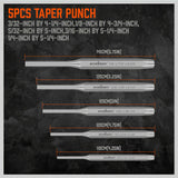 16-piece punch and chisel set including pin punches, tapered punches, cold chisels, center punches, and a gauge, all neatly rolled in a pouch