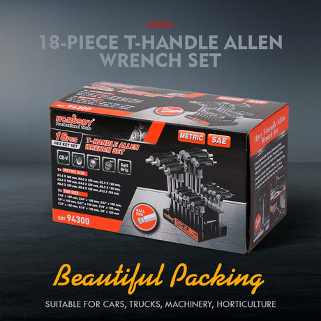 Premium T-Handle Allen Wrench Set - Versatile 2-way use. Comfortable grip. Ball end for tight spaces. Wall-mountable.