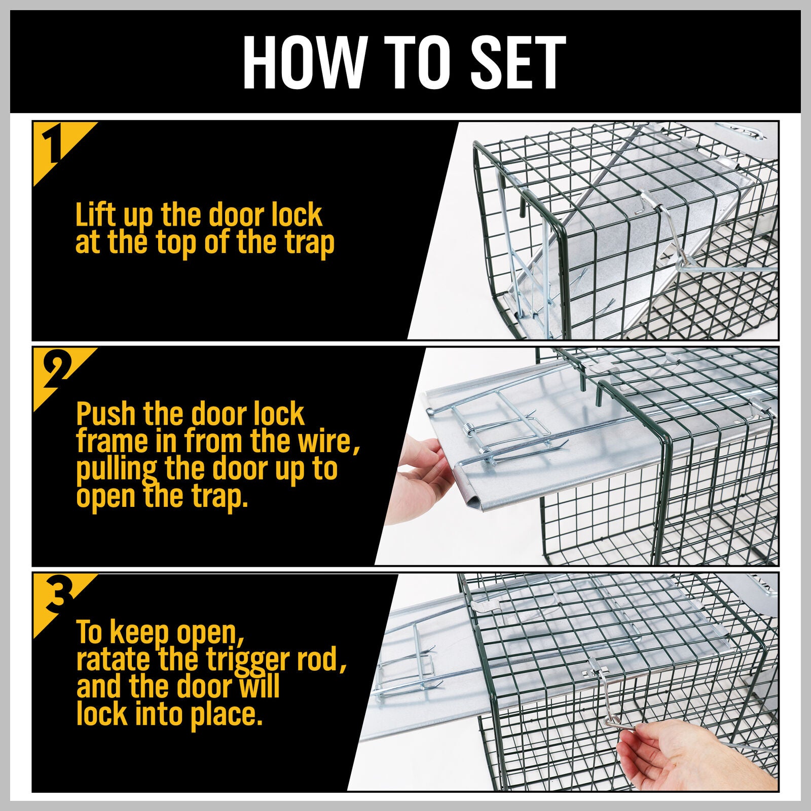 Humane steel animal trap cage in two sizes, ideal for safely catching possums, foxes, rats, cats, rabbits, and birds without harm