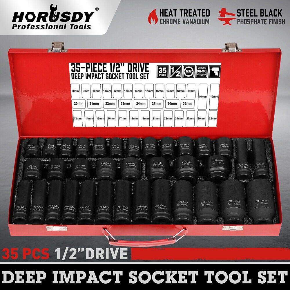 HORUSDY 35-Piece 1/2-Inch Drive Impact Socket Set, Metric 8-32mm, with Black Anti-Oxidation Coating and Storage Case