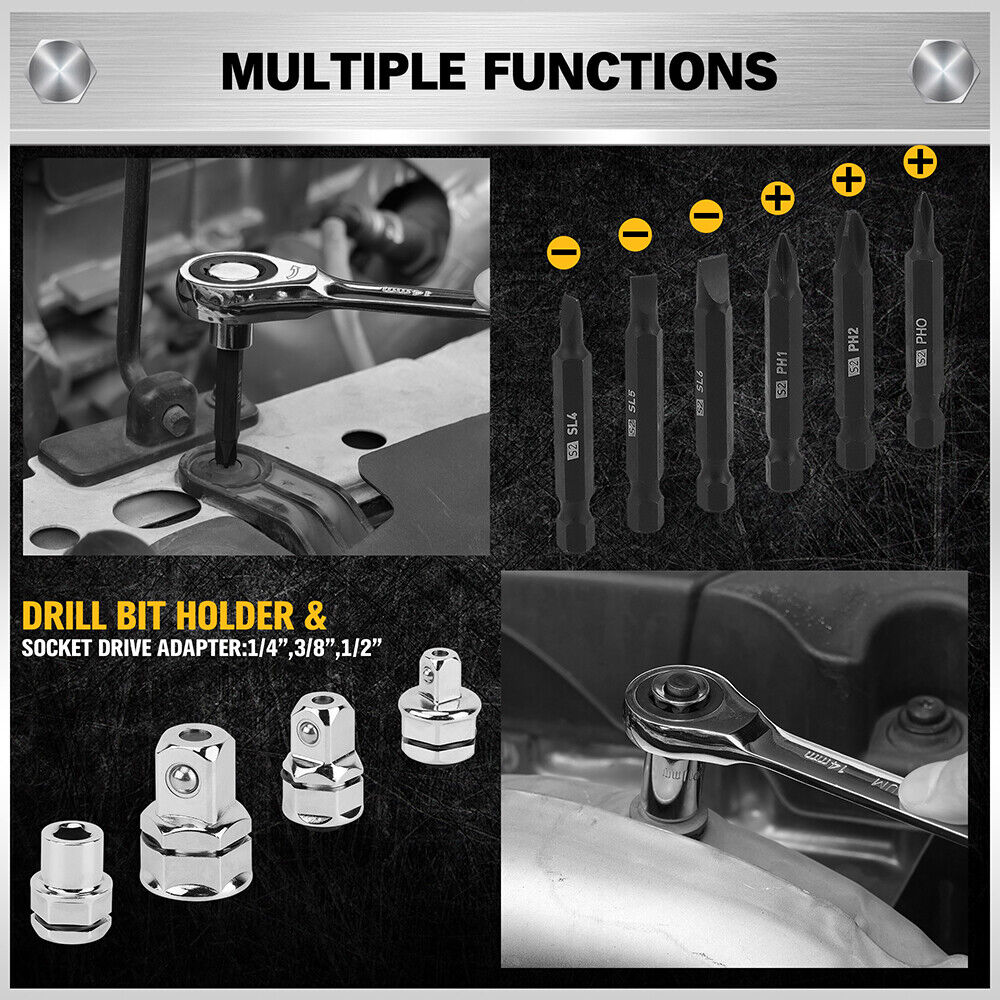 ELEAD 33-piece ratchet wrench set with various SAE and metric sizes, featuring a durable case, Phillips and slotted bits adapter for versatile use.