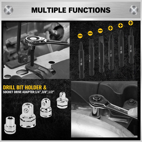 ELEAD 33-piece ratchet wrench set with various SAE and metric sizes, featuring a durable case, Phillips and slotted bits adapter for versatile use.