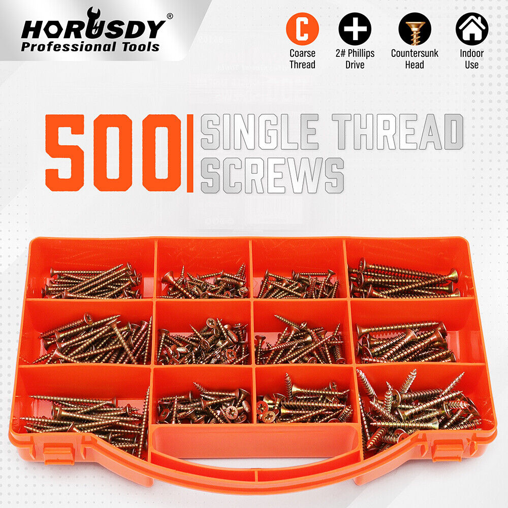 HORUSDY 500-Piece Drywall Screw Assortment Set - Phillips Head, Steel Construction, Multiple Sizes with Organizing Box