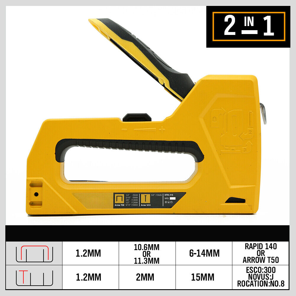 Durable carbon steel manual staple and brad nail gun with a yellow coating and easy-to-reload mechanism.