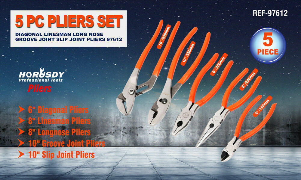 Complete 5-Piece Pliers Set - Includes Diagonal, Linesman, Long Nose, Groove Joint, and Slip Joint Pliers with Comfort Grips