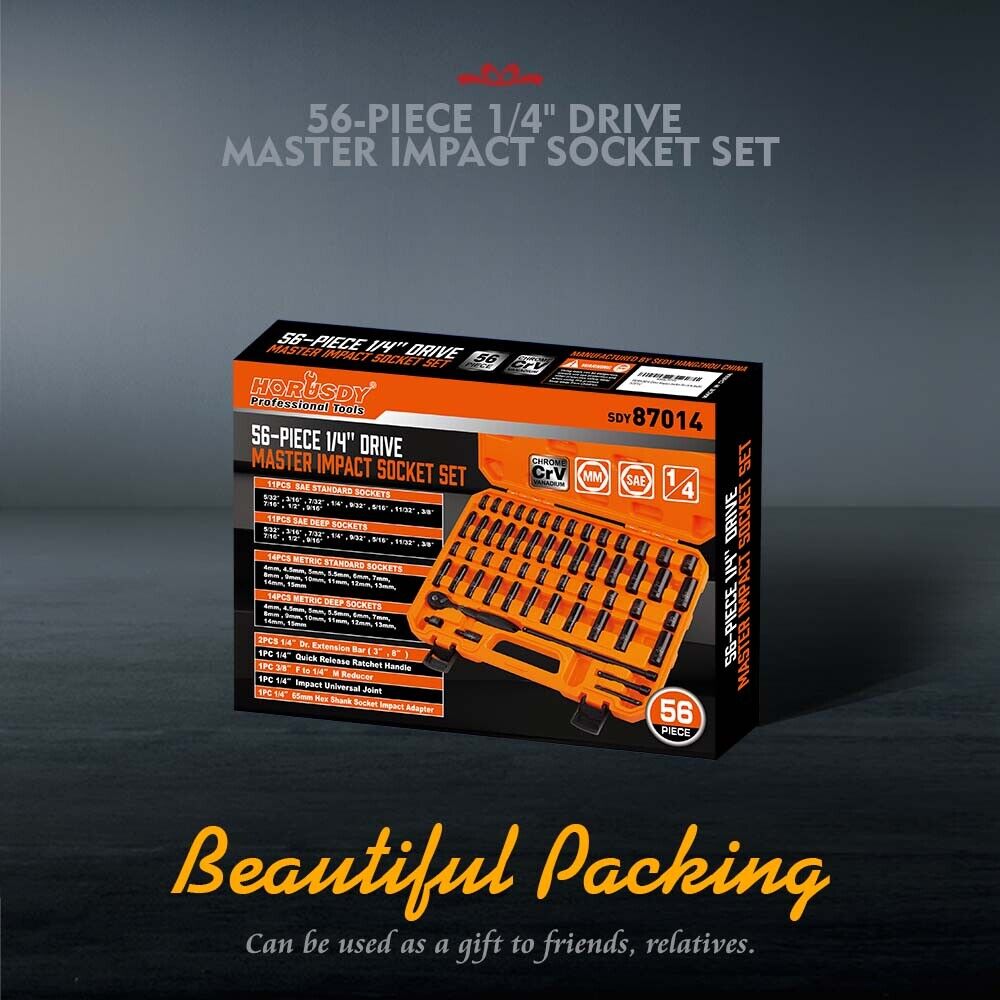 Comprehensive 56-Piece 1/4" Drive Impact Socket Wrench Set with Metric and Imperial Sizes, Ratchet Handle, Extensions, and Storage Case