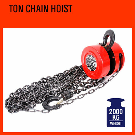 Heavy-duty 2 ton block and tackle with a 2.5M lifting chain, featuring 360-degree swivel hooks and automatic brake for secure hoisting
