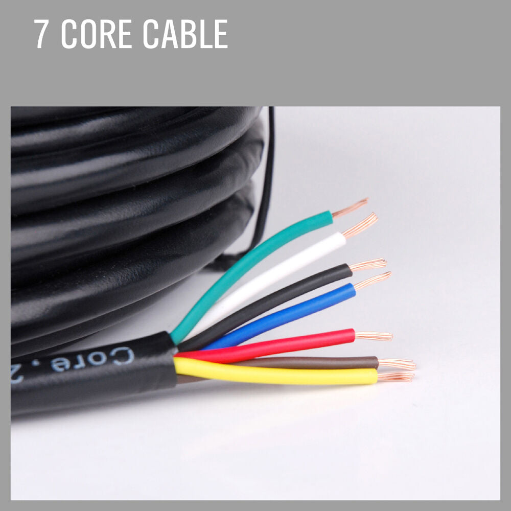 High-quality 50-meter 7-core wire cable for trailers and caravans, featuring oxygen-free copper wiring and black PVC sheathing. With color-coded cores (yellow, black, white, green, blue, red, brown) for easy installation in various automotive applications including 4WDs, cars, motorhomes, bikes, and more. Offers 2.5mm thickness, 8 amps rating at 30°C, and electrical resistance of 29.9 ohms/km