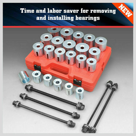 Comprehensive 27-piece carbon steel pull and press sleeve kit for bushing and bearing removal, suitable for car and heavy vehicle maintenance.