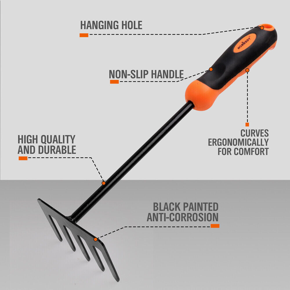 5-Prong Hand Garden Rake | Carbon Steel with Non-Slip Rubber Handle ...