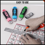 Set of four retractable box cutters with grip handles and 10 additional spare blades, ideal for cutting cardboard, paper, PVC, and crafts