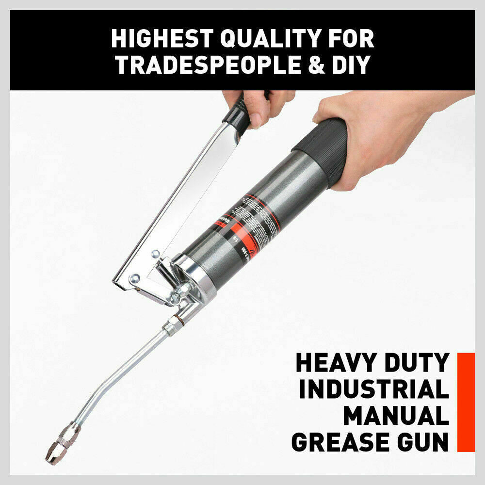 Robust 600cc Manual Grease Gun Kit - Includes Flexible Hose, Curved Extension Pipe, and 10000PSI Coupler for Efficient Lubrication