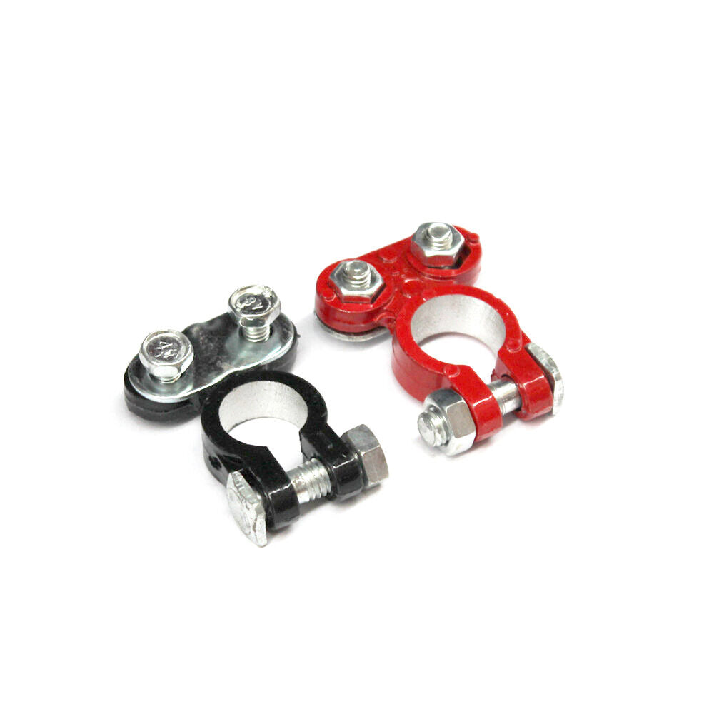 Pair of universal battery terminal clamps for 6V and 12V car batteries.