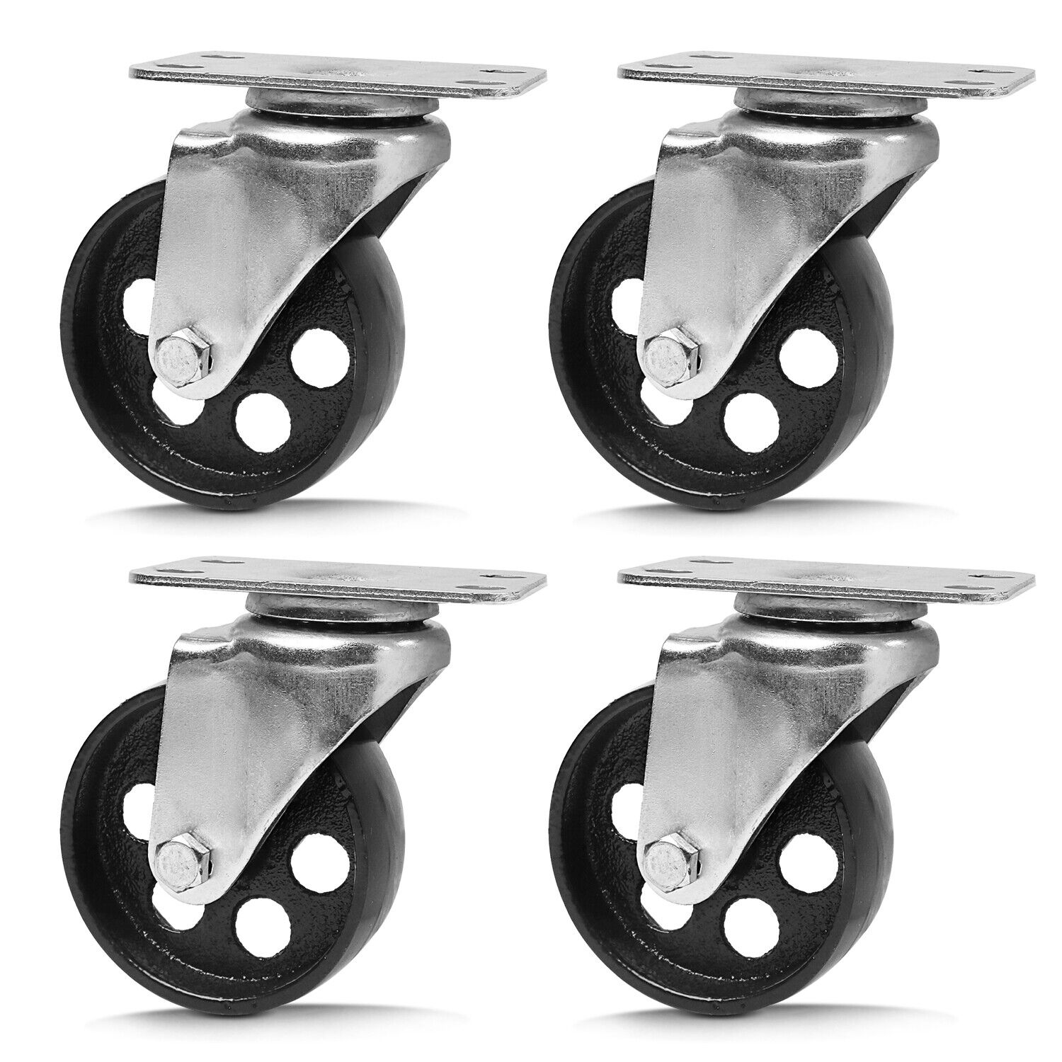 Set of four 3.5-inch Heavy Duty Steel Castor Wheels, featuring industrial-grade bearings, swivel casters with a 500KG per wheel loading capacity, and a robust steel construction for long-lasting use