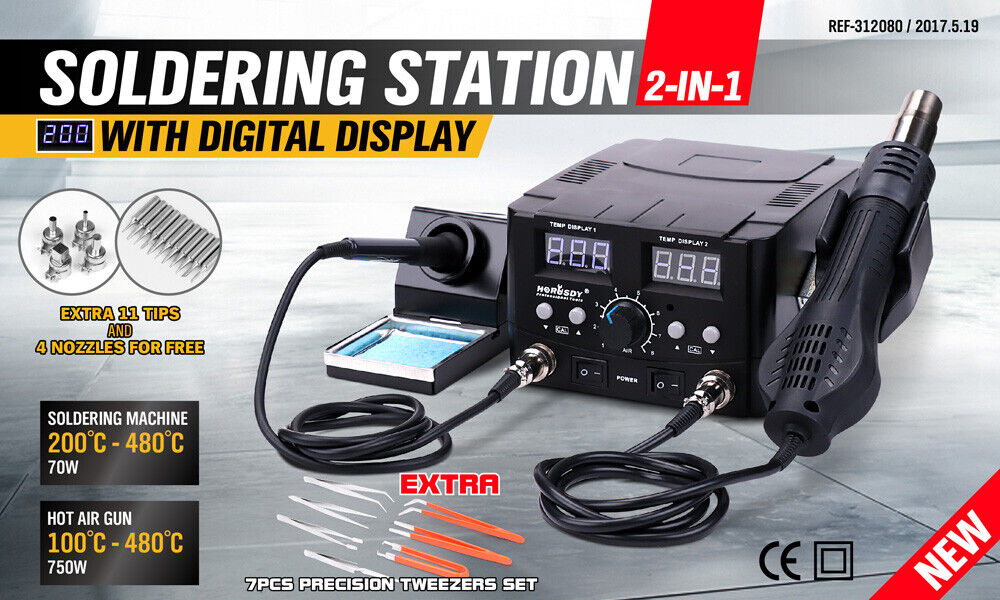 Professional 2-in-1 soldering and desoldering station equipped with a precision hot air gun and soldering iron, featuring dual digital LCD displays for accurate temperature control