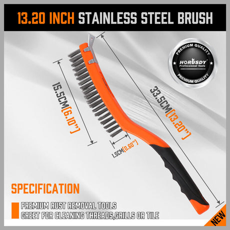 Durable 335mm Stainless Steel Wire Brush with Rubber Grip for Surface Cleaning