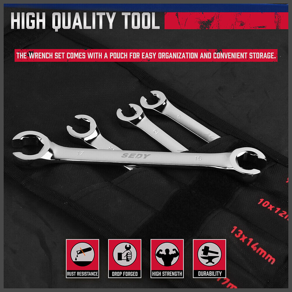 SEDY 4-Piece Metric Flare Nut Wrench Set, Dual Sizes 9-17mm, Durable CR-V Steel, with Convenient Storage Pouch