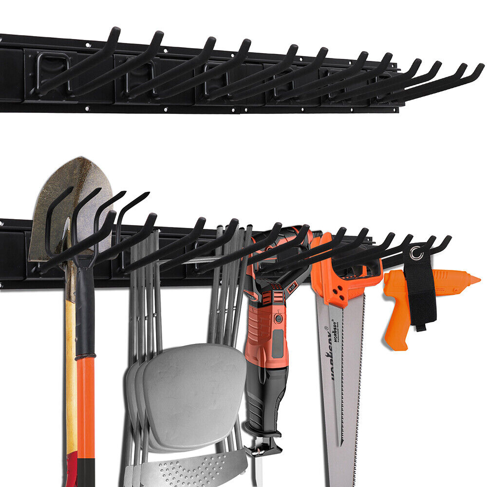 Sturdy Wall-Mounted Bike and Garden Tool Hook Rail, featuring 9 hooks on 4 adjustable rails, ideal for organizing various tools in the garage, pantry, or garden. Made of strong, lightweight material, capable of holding up to 20kg. Includes 34 pairs of screws and expansion tubes for easy installation.