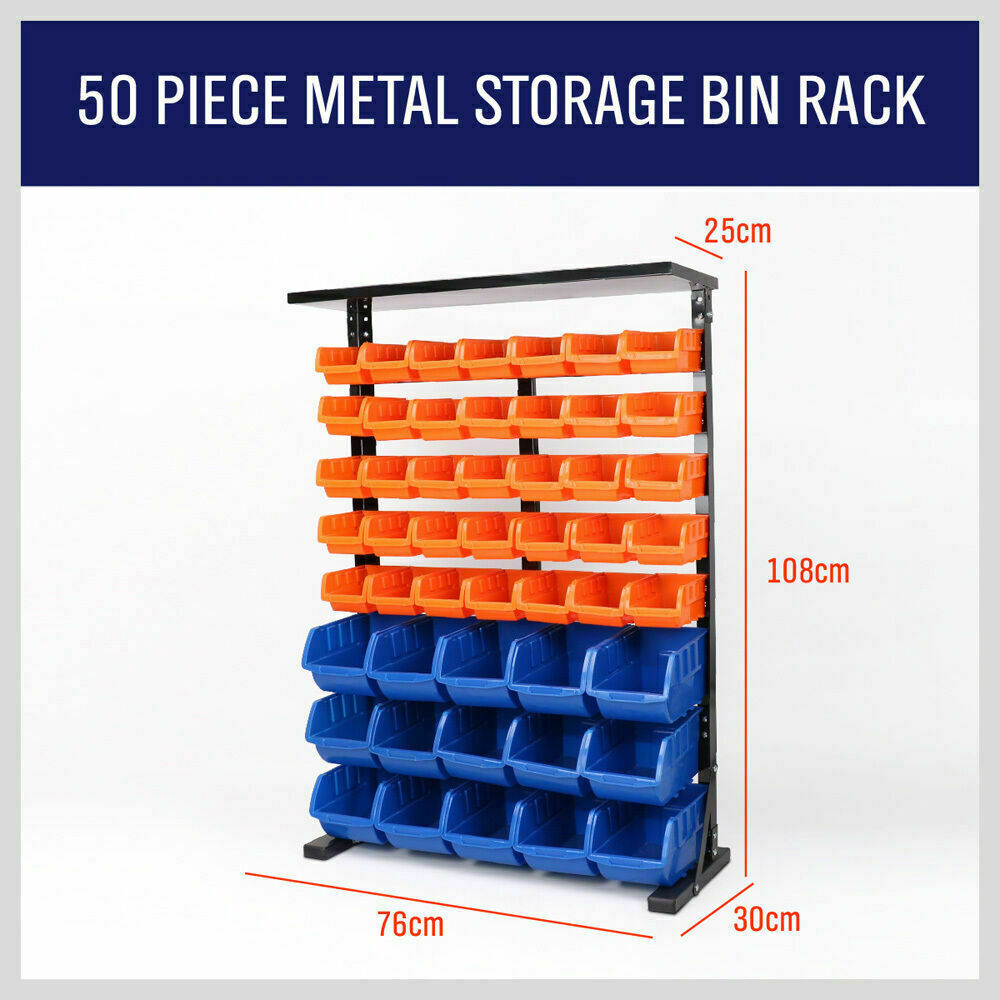 Wall-mounted bin storage rack with 50 bins for efficient organization of tools and parts in your garage.