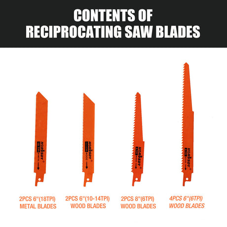 Multi-Pack of 10 Reciprocating Saw Blades for Wood and Metal Demolition Cutting, Including Bi-Metal and High-Carbon Steel Blades