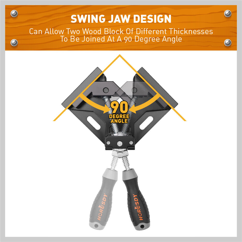 Durable aluminum alloy 90-degree corner clamps with quick-release adjustable jaws.