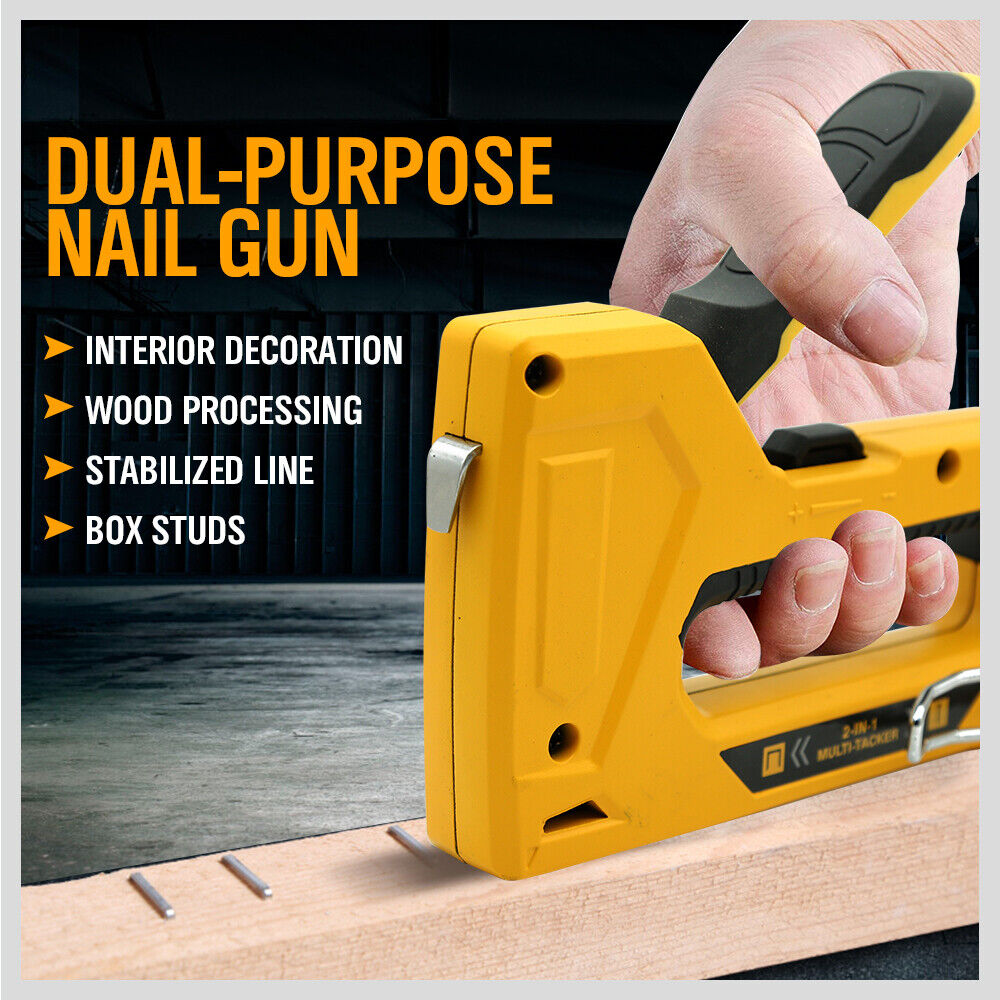 Durable carbon steel manual staple and brad nail gun with a yellow coating and easy-to-reload mechanism.