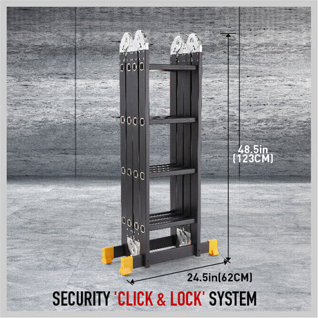 Premium aluminum multi-purpose folding ladder transforms from 3.7M to 6.7M stepladder, stairway ladder, extension ladder and scaffold platform.