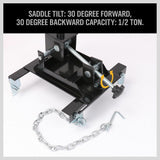 Sturdy 500KG Transmission Jack Adapter in black, featuring an adjustable saddle, corner brackets for universal fit, safety chains, and an automatic release valve. Constructed from heavy-duty steel for maximum durability
