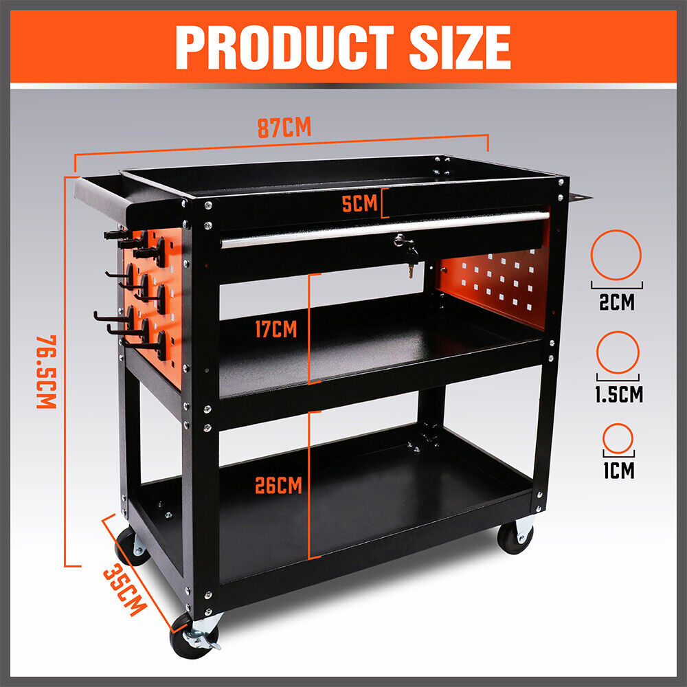 Single Drawer Tool Storage Trolley - Secure storage, easy mobility, versatile organization, convenient tool hanger system.Single Drawer Tool Storage Trolley with Pegboard Hooks and Wheels