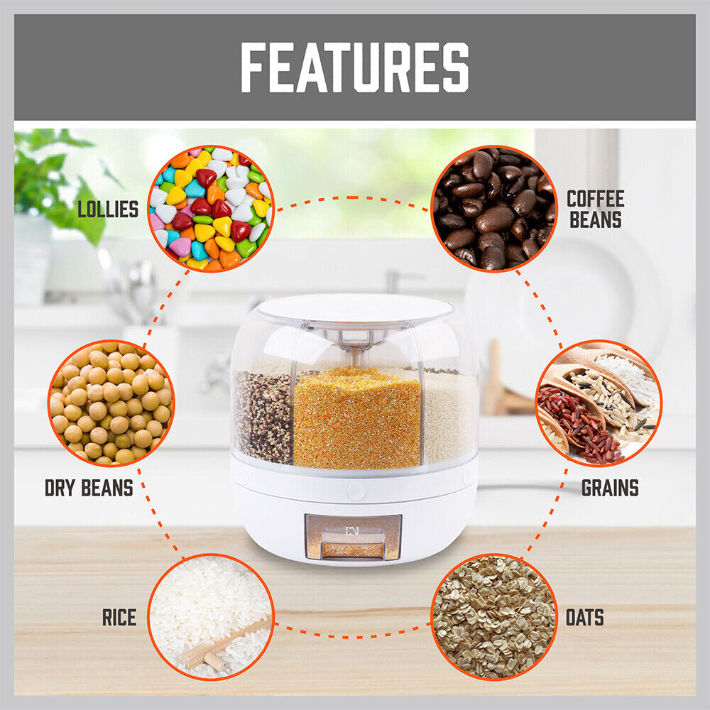 10KG Capacity 6in1 Rotating Grain Dispenser with Transparent Compartments for Dry Food and Rice Storage