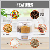 10KG Capacity 6in1 Rotating Grain Dispenser with Transparent Compartments for Dry Food and Rice Storage
